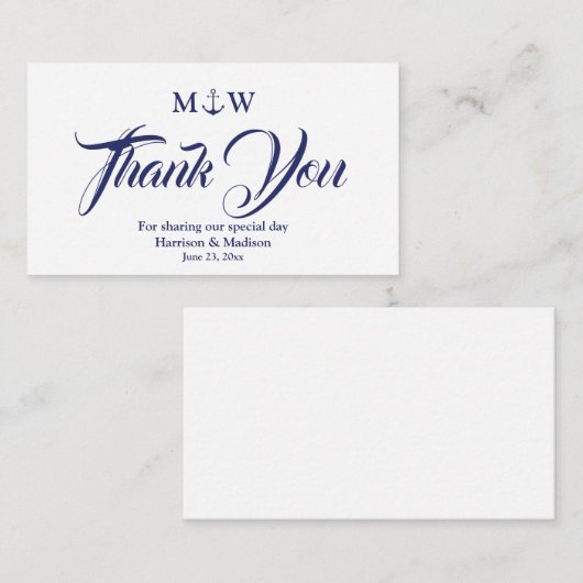 サンキューネイビーブルー白航海のいかり結婚ズ エンクロージャーカード (正面/裏面)