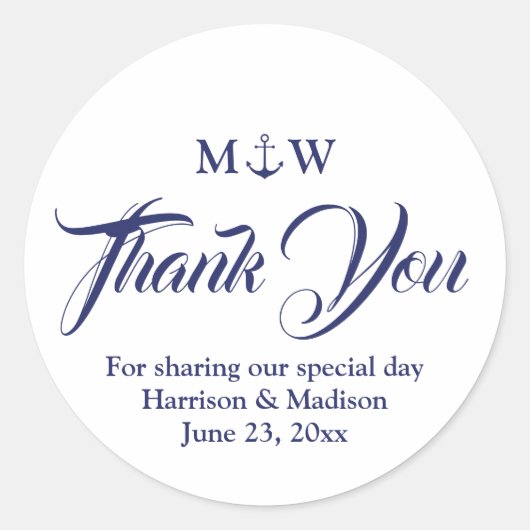 サンキューネイビーブルー白航海のいかり結婚ズ ラウンドシール (正面)