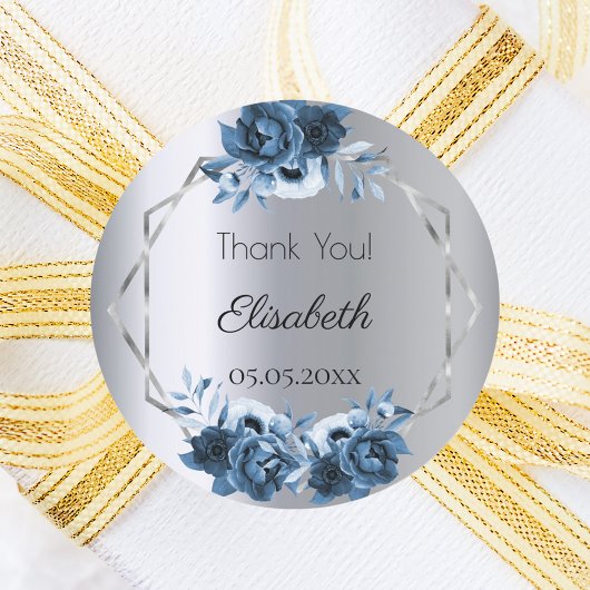 サンキューネイビーブルー花模様銀色の冬 ラウンドシール