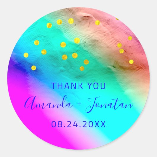 サンキューネームデイトブルー金ゴールド紙吹雪虹 ラウンドシール (正面)