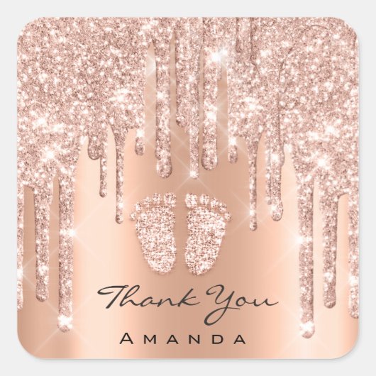 サンキューネームベビーシャワーバラ金ゴールド足 スクエアシール (正面)