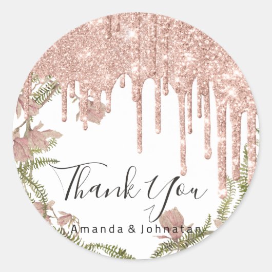 サンキューネーム結婚のバラグリッターフローラホワイト ラウンドシール (正面)