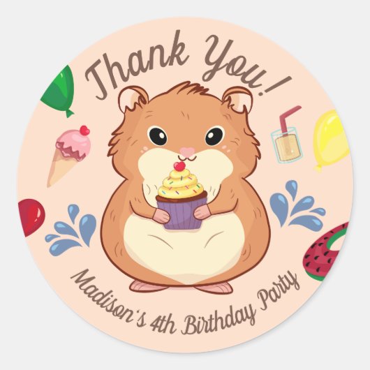 サンキューハムスター誕生日プールパーティー ラウンドシール (正面)