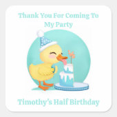 サンキューハーフ誕生日ベビーアヒルとケーキパーティー スクエアシール (正面)