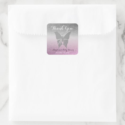 サンキューバタフライスパークルピンク赤ちゃんシャワー スクエアシール (バッグ)