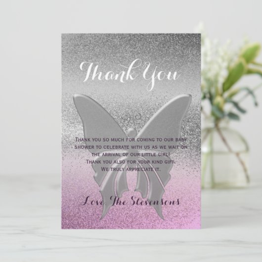 サンキューバタフライピンクパープルベビーシャワー サンキューカード (スタンド正面)