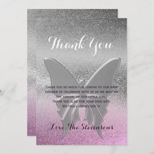 サンキューバタフライピンクパープルベビーシャワー サンキューカード (正面/裏面)