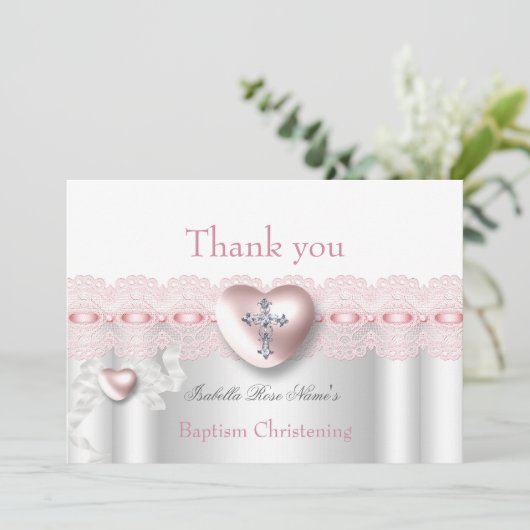 サンキューバプティスピンクシルバーフォトハートクロス サンキューカード (スタンド正面)