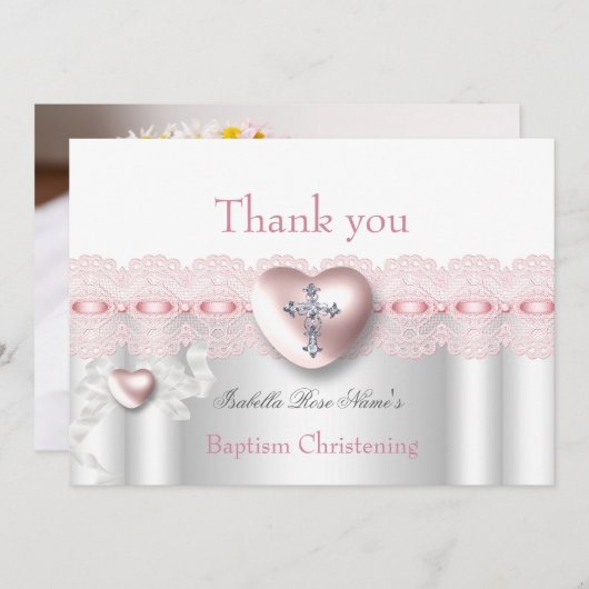 サンキューバプティスピンクシルバーフォトハートクロス サンキューカード (正面/裏面)