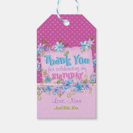 サンキューバースデーパーティーフローラピンク水玉模様 ギフトタグ