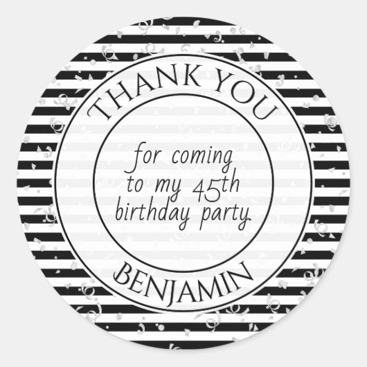 サンキューバースデーパーティーブラック/ホワイトストライプラウンド ラウンドシール (正面)