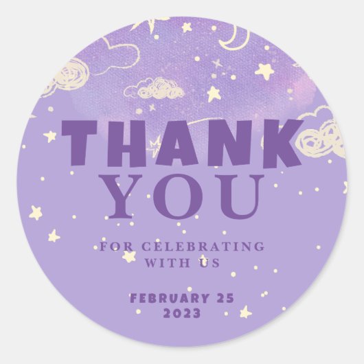 サンキューパープルドリーム赤ちゃんシャワーギフトラベル ラウンドシール (正面)