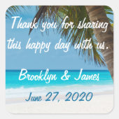 サンキューパーム木のビーチ結婚式シール スクエアシール (正面)