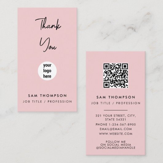 サンキュービジネスロゴQRコード赤面ピンク 名刺 (正面/裏面)