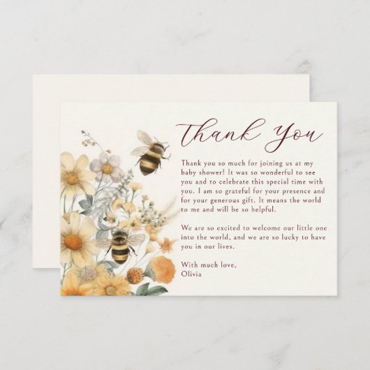 サンキュービーワイルドフラワーフローラベビーシャワー サンキューカード (正面/裏面)