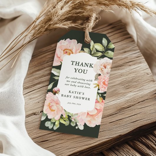 サンキューピンクの水色のフローラ赤ちゃんシャワーのお気に入り ギフトタグ