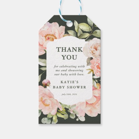 サンキューピンクの水色のフローラ赤ちゃんシャワーのお気に入り ギフトタグ (正面)