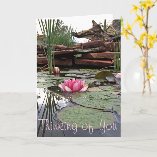 サンキューピンクの睡蓮の反射の写真 カード (黄色い花)