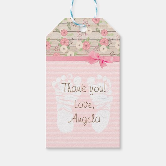サンキューピンクフローラ赤ちゃんシャワーギフトラベル ギフトタグ (正面)