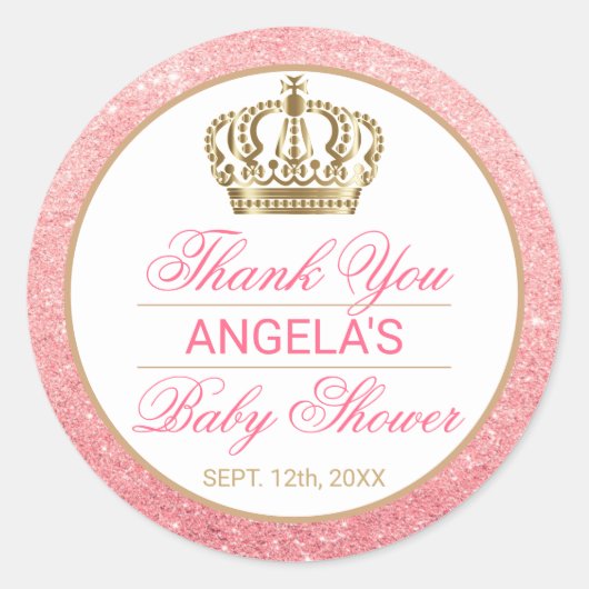 サンキューピンクプリンセス金ゴールドクラウンベビーシャワー ラウンドシール (正面)