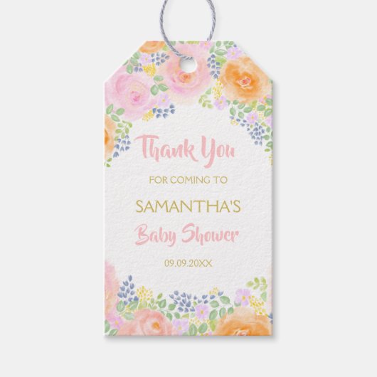 サンキューピンクローゼズウォーター色フローラベビーシャワー ギフトタグ (正面)