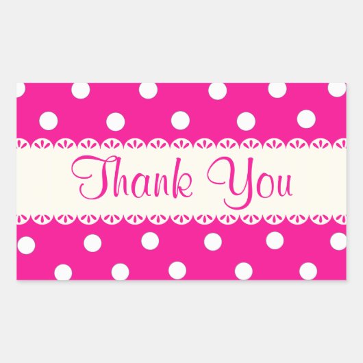 サンキューピンク暗い赤紫色&ホワイト水玉模様ステッカー 長方形シール (正面)