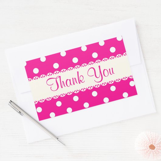 サンキューピンク暗い赤紫色&ホワイト水玉模様ステッカー 長方形シール (封筒)