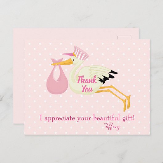 サンキューピンク水玉模様とコウノトリ ポストカード (正面/裏面)