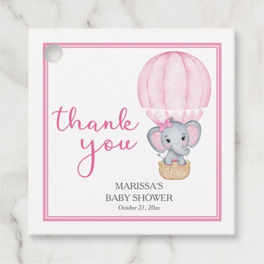 サンキューピンク象ベビーシャワーメッセージカード フェイバータグ (正面)