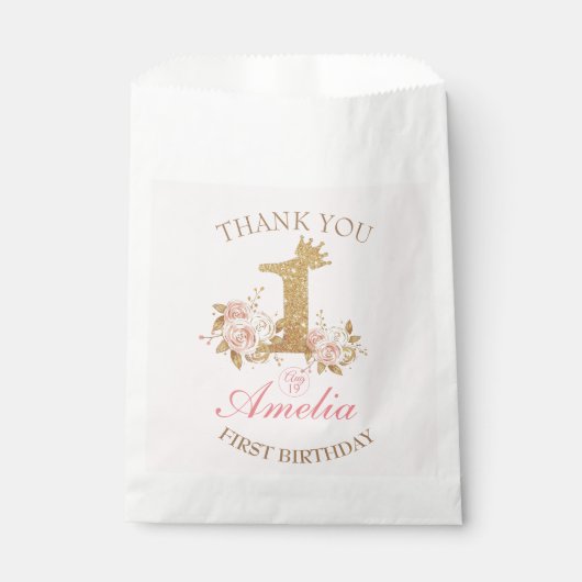 サンキューピンク金ゴールドクラウンプリンセス1st誕生日 フェイバーバッグ (正面)
