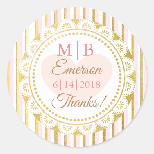 サンキューピンク金ゴールドパーソナライズされた結婚式用シール ラウンドシール (正面)