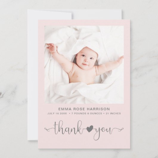 サンキューフォトハートアローピンクグレーガール誕生 案内状 (正面)
