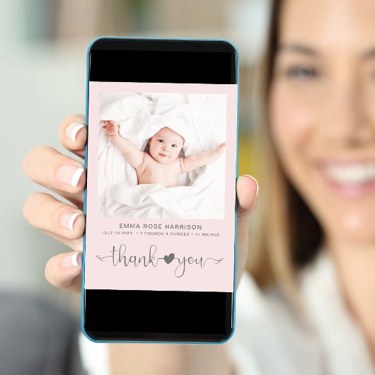 サンキューフォトハートアローピンクグレーガール誕生 案内状