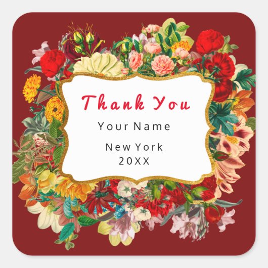 サンキューフライトゴールデンフレームバラフローラ赤 スクエアシール (正面)