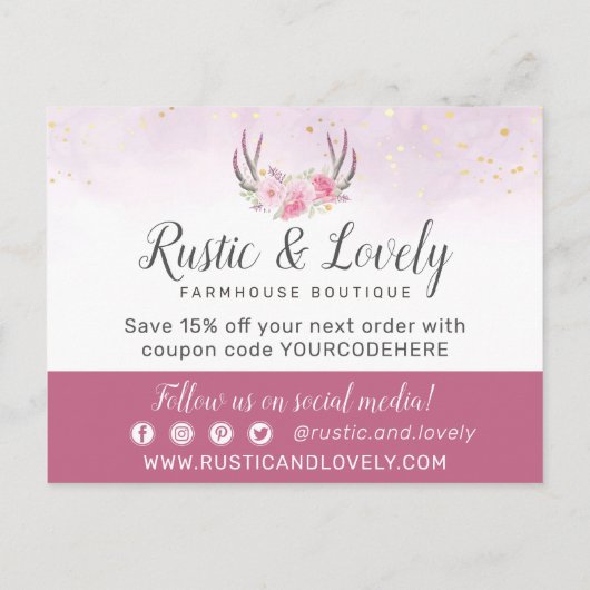 サンキューフローラ〔雄ジカの〕枝角赤面ピンク&金ゴールド大理石 ポストカード (裏面)