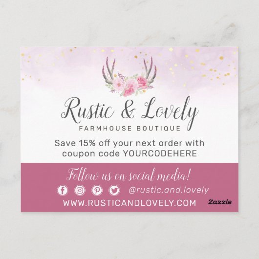 サンキューフローラ〔雄ジカの〕枝角赤面ピンク&金ゴールド大理石 ポストカード (裏面)