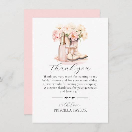 サンキューブライダルシャワーピンク女性のカーボーイブーツ サンキューカード (正面/裏面)