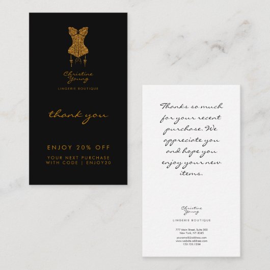 サンキューブラック金ゴールドグリッターランジェリーブティック 割引カード (正面/裏面)