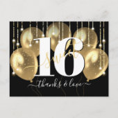 サンキューブラック金ゴールドスウィート16誕生日バルーン ポストカード (正面)