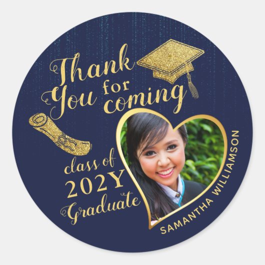 サンキューブルーと金ゴールド2025卒業のお願い ラウンドシール (正面)