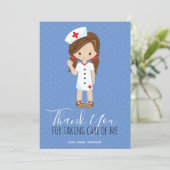 サンキューブルーホワイト水玉模様ブルネットナース サンキューカード (スタンド正面)