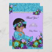 サンキューベイビーシャワーガールティール（緑がかった色）ブルーパープル サンキューカード (正面/裏面)
