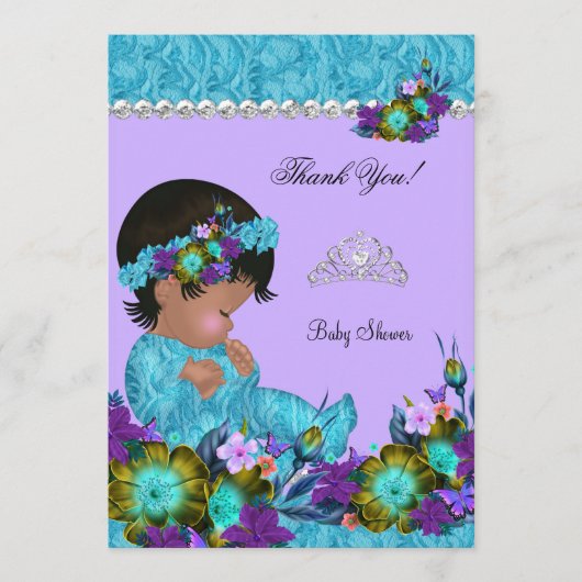 サンキューベイビーシャワーガールティール（緑がかった色）ブルーパープル サンキューカード (正面)