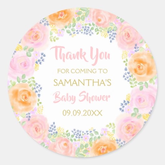 サンキューベイビーシャワーピンクローゼズウォーター色フローラ ラウンドシール (正面)
