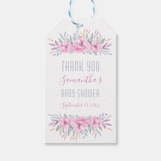 サンキューベイビーシャワー赤面ピンクフローラ水色 ギフトタグ (正面)
