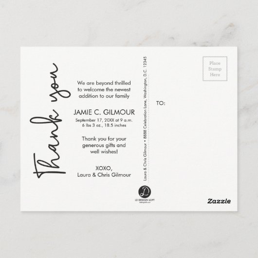 サンキューベビー誕生発表スクリプト文字 ポストカード (裏面)