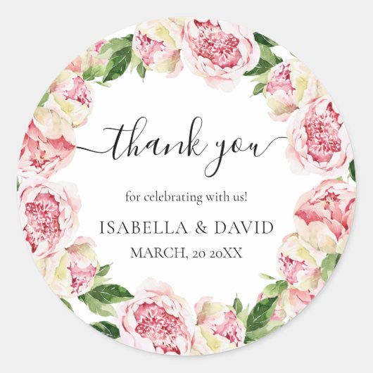 サンキューペオニーズフローラロマンチックブライダルシャワー ラウンドシール (正面)