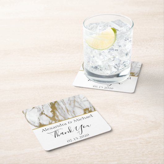 サンキューホワイトと金ゴールドエレガント大理石 スクエアペーパーコースター (インサイチュ)