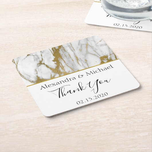 サンキューホワイトと金ゴールドエレガント大理石 スクエアペーパーコースター (アングル)