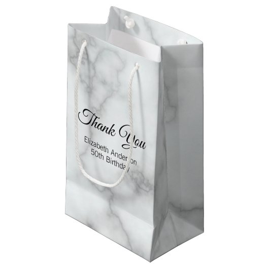 サンキューホワイトフェイクマーブルエレガントな誕生日パーティー スモールペーパーバッグ (正面アングル)